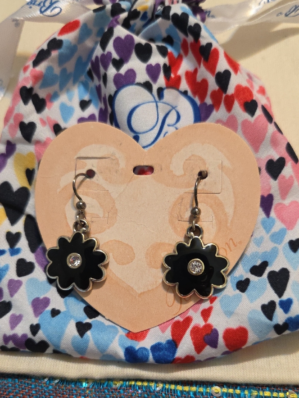 Brighton Black Flower Dangle Earrings with Clear Crystal Accent
